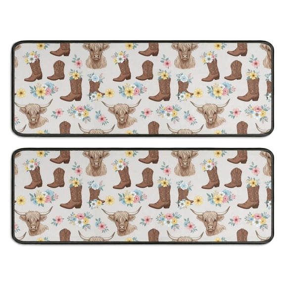 Kitchen Rugs Sets Of 2,Lightgray Highland Cow Boot Flower Pattern Anti Fatigue Kitchen Mat Rugs Non Slip Washable,Decorative Kitchen Floor Mats for Kitchen,Sink,Laundry,17"x47"+17"x47"