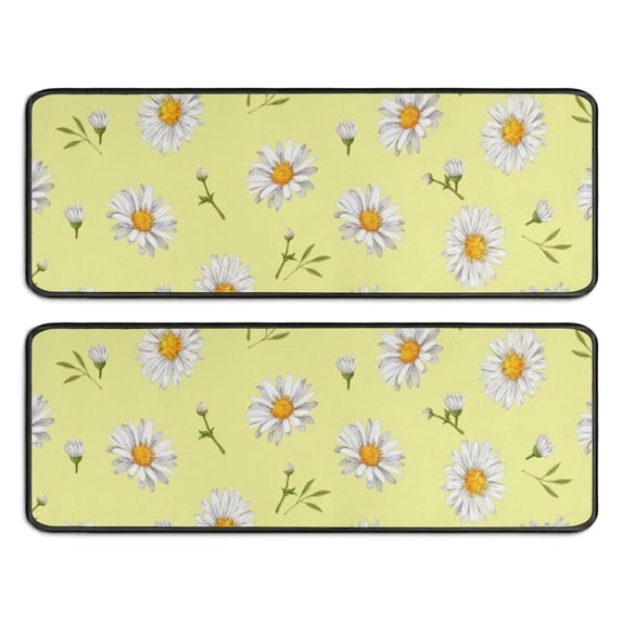 Kitchen Rugs Sets Of 2,Lightgreen Daisy Flower White Blooms Pattern Anti Fatigue Kitchen Mat Rugs Non Slip Washable,Decorative Kitchen Floor Mats for Kitchen,Sink,Laundry,17"x47"+17"x47"