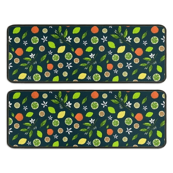 Kitchen Rugs Sets Of 2,Mixed Citrus Fruit Leaves DarkGreen Pattern Anti Fatigue Kitchen Mat Rugs Non Slip Washable,Decorative Kitchen Floor Mats for Kitchen,Sink,Laundry,17"x47"+17"x47"