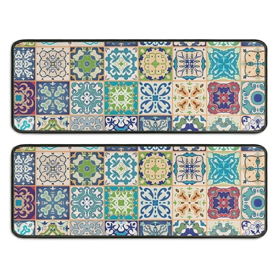 Kitchen Rugs Sets Of 2,Multicolor Ethnic Geometric Patchwork Pattern Anti Fatigue Kitchen Mat Rugs Non Slip Washable,Decorative Kitchen Floor Mats for Kitchen,Sink,Laundry,17"x47"+17"x47"
