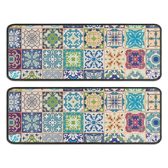 Kitchen Rugs Sets Of 2,Multicolor Ethnic Geometric Patchwork Pattern Anti Fatigue Kitchen Mat Rugs Non Slip Washable,Decorative Kitchen Floor Mats for Kitchen,Sink,Laundry,17"x47"+17"x47"