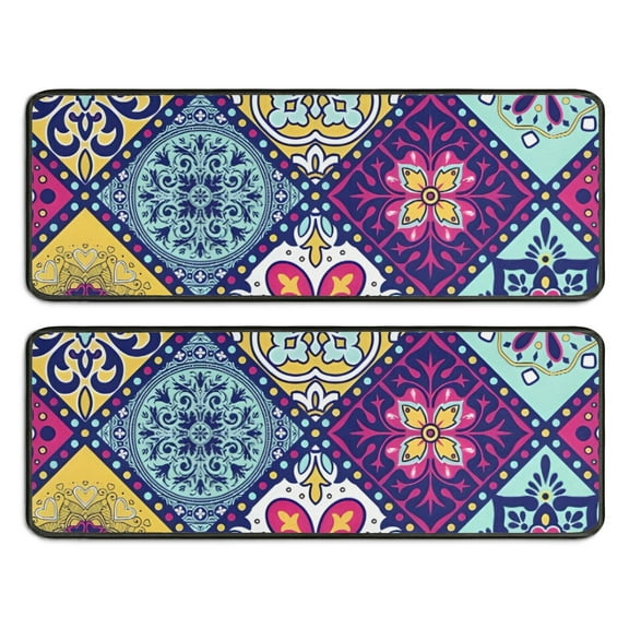 Kitchen Rugs Sets Of 2,Multicolor Ethnic Geometric Patchwork Pattern Anti Fatigue Kitchen Mat Rugs Non Slip Washable,Decorative Kitchen Floor Mats for Kitchen,Sink,Laundry,17"x47"+17"x47"