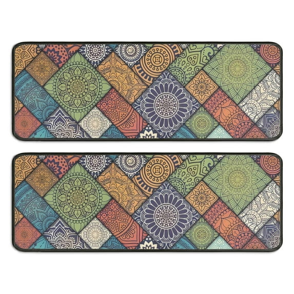 Kitchen Rugs Sets Of 2,Multicolor Ethnic Geometric Patchwork Pattern Anti Fatigue Kitchen Mat Rugs Non Slip Washable,Decorative Kitchen Floor Mats for Kitchen,Sink,Laundry,17"x47"+17"x47"