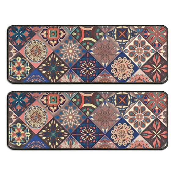 Kitchen Rugs Sets Of 2,Multicolor Ethnic Geometric Pattern Anti Fatigue Kitchen Mat Rugs Non Slip Washable,Decorative Kitchen Floor Mats for Kitchen,Sink,Laundry,17"x47"+17"x47"