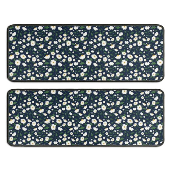 Kitchen Rugs Sets Of 2,Navy Daisy Flower Floral Pattern Anti Fatigue Kitchen Mat Rugs Non Slip Washable,Decorative Kitchen Floor Mats for Kitchen,Sink,Laundry,17"x47"+17"x47"