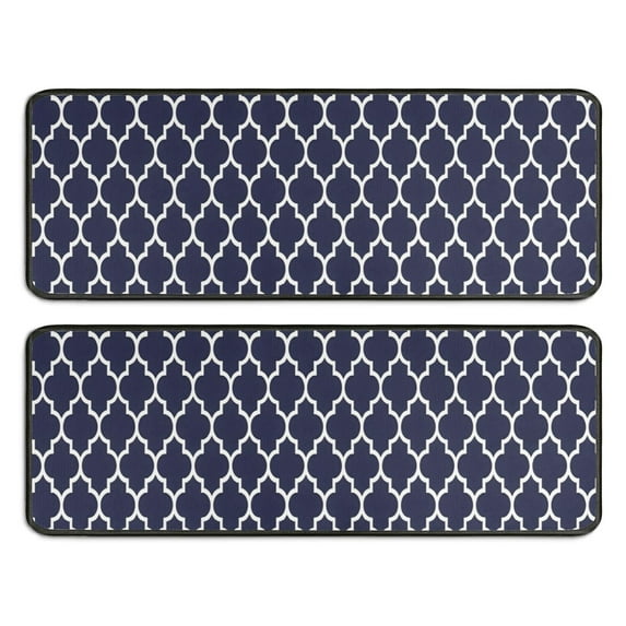 Kitchen Rugs Sets Of 2,Navy and White Geometric Lattice Pattern Anti Fatigue Kitchen Mat Rugs Non Slip Washable,Decorative Kitchen Floor Mats for Kitchen,Sink,Laundry,17"x47"+17"x47"