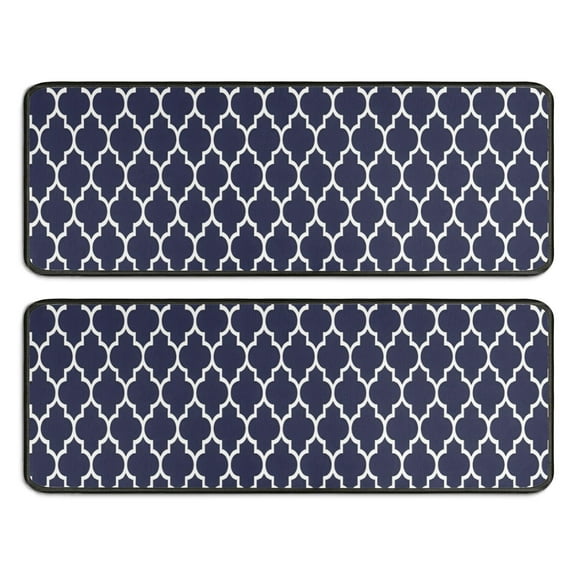 Kitchen Rugs Sets Of 2,Navy and White Geometric Lattice Pattern Anti Fatigue Kitchen Mat Rugs Non Slip Washable,Decorative Kitchen Floor Mats for Kitchen,Sink,Laundry,17"x47"+17"x47"