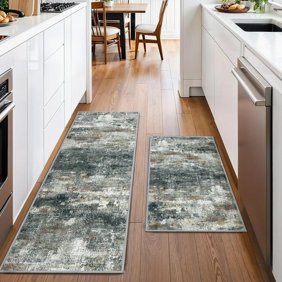 Kitchen Rugs Sets of 2 Non Slip Washable Kitchen Mats for Floor, Waterproof Abstract Kitchen Runner Rug, Floor Mat Carpet for Hallway, Laundry, Sink, Entryway, Bathroom, Black&Brown