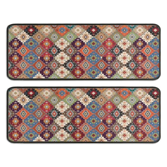 Kitchen Rugs Sets Of 2,Orange Ethnic Rhombus Pattern Anti Fatigue Kitchen Mat Rugs Non Slip Washable,Decorative Kitchen Floor Mats for Kitchen,Sink,Laundry,17"x47"+17"x47"