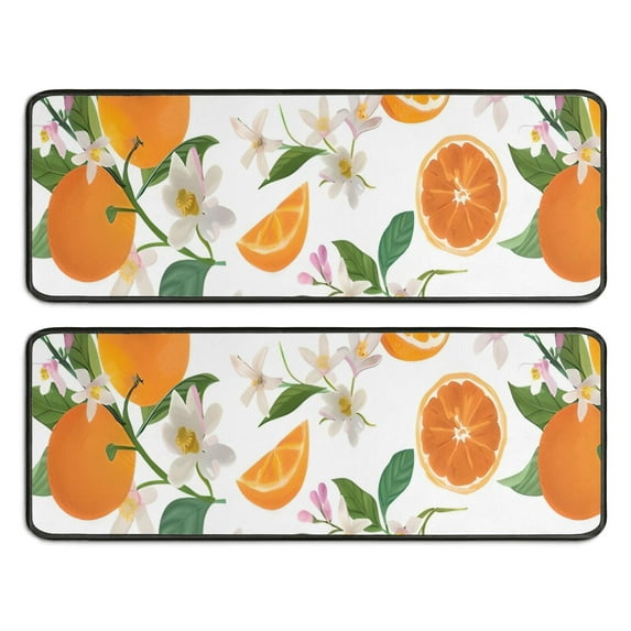 Kitchen Rugs Sets Of 2,Orange Fruits Flowers White Pattern Anti Fatigue Kitchen Mat Rugs Non Slip Washable,Decorative Kitchen Floor Mats for Kitchen,Sink,Laundry,17"x47"+17"x47"