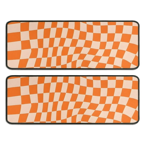 Kitchen Rugs Sets Of 2,Orange and White Wavy Checkerboard Pattern Anti Fatigue Kitchen Mat Rugs Non Slip Washable,Decorative Kitchen Floor Mats for Kitchen,Sink,Laundry,17"x47"+17"x47"