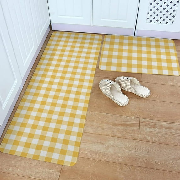 Kitchen Rugs Sets 2 Pces, Country Style Yellow and White Buffalo Check Plaid Checkered Floor Mats Non Skid Door Rugs Runner Rug for Bathroom, Living Room, Laundries, Bedside, Bedroom