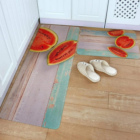 Kitchen Rugs Sets 2 Pces, Watermelon Summer Fruits Retro Board Plank Wood Grain Floor Mats Non Skid Door Rugs Runner Rug for Bathroom, Living Room, Laundries, Bedside, Bedroom