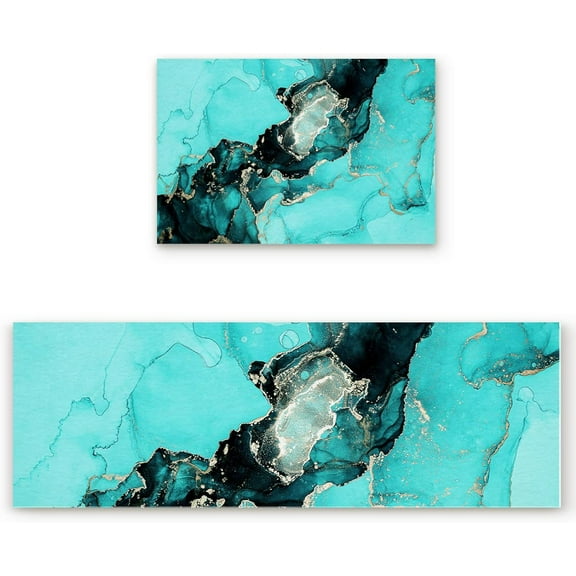 Kitchen Rugs Sets 2 Piece Floor Mats Black Turquoise Teal Wild Marble Pattern Doormat Non-Slip Rubber Backing Area Rugs Carpet Inside Door Mat Pad Sets-15.7" x 23.6"+15.7" x 47.2"