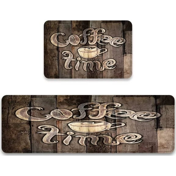 Kitchen Rugs Sets 2 Piece Floor Mats Grunge Lettering Modern Coffee Time and Coffee Cup Retro Wood Durable Doormat Farmhouse Area Rugs Washable Runner Carpet Set Non Slip Vintage Kitchen Rug and Mats
