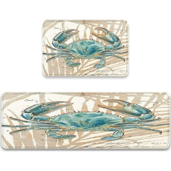 Kitchen Rugs Sets 2 Piece Floor Mats Sea Underwater Submarine Blue Crab Durable Doormat Nautical Ocean Animal Area Rugs Washable Runner Carpet Set Non Slip Fantastic Crab Design Kitchen Rugs and Mats