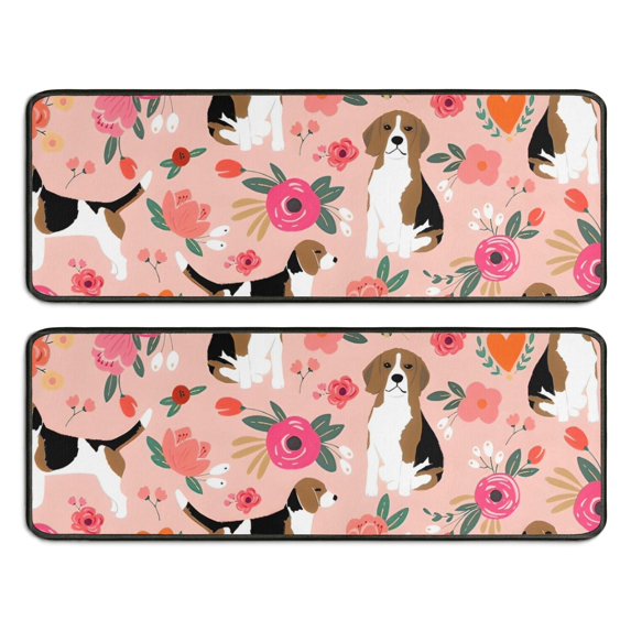 Kitchen Rugs Sets Of 2,Pink Beagle and Flower Anti Fatigue Kitchen Mat Rugs Non Slip Washable,Decorative Kitchen Floor Mats for Kitchen,Sink,Laundry,17"x47"+17"x47"