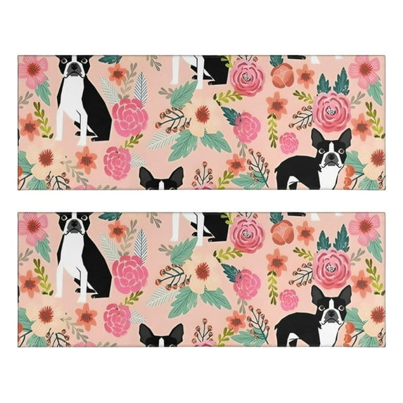 Kitchen Rugs Sets Of 2,Pink Boston Terrier and Flower Anti Fatigue Kitchen Mat Rugs Non Slip Washable,Decorative Kitchen Floor Mats for Kitchen,Sink,Laundry,17"X47"