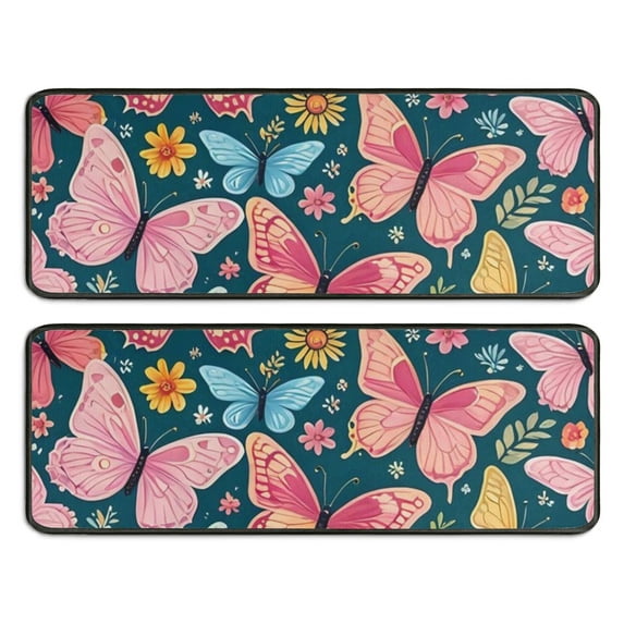 Kitchen Rugs Sets Of 2,Pink Butterfly Rose Daisy Green Pattern Anti Fatigue Kitchen Mat Rugs Non Slip Washable,Decorative Kitchen Floor Mats for Kitchen,Sink,Laundry,17"x47"+17"x47"