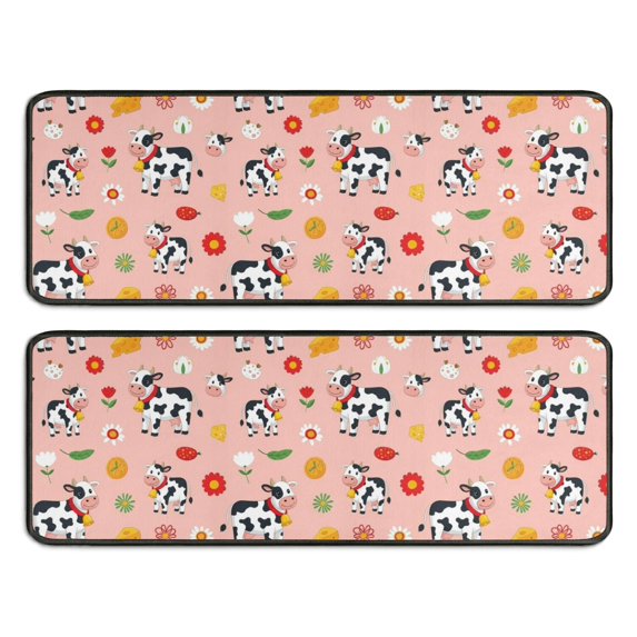 Kitchen Rugs Sets Of 2,Pink Cow Flower Cow Pattern Anti Fatigue Kitchen Mat Rugs Non Slip Washable,Decorative Kitchen Floor Mats for Kitchen,Sink,Laundry,17"x47"+17"x47"