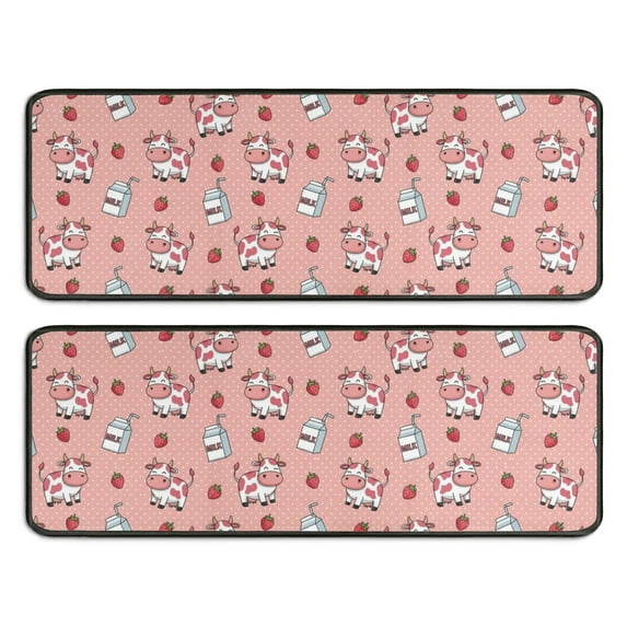 Kitchen Rugs Sets Of 2,Pink Cow Milk Strawberry Pattern Anti Fatigue Kitchen Mat Rugs Non Slip Washable,Decorative Kitchen Floor Mats for Kitchen,Sink,Laundry,17"x47"+17"x47"