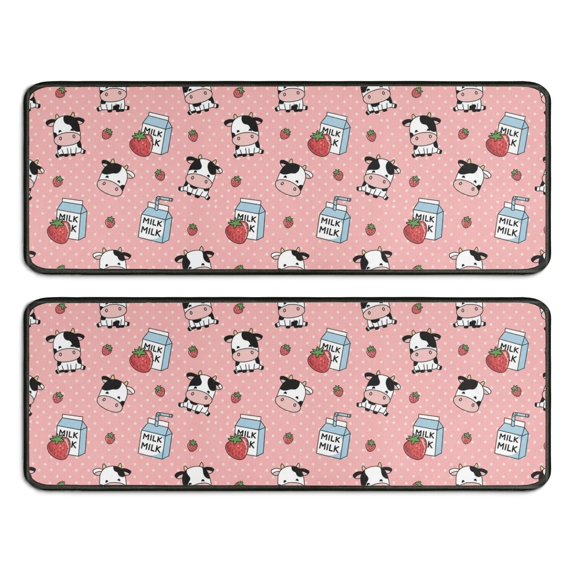 Kitchen Rugs Sets Of 2,Pink Cow Milk Strawberry Pattern Anti Fatigue Kitchen Mat Rugs Non Slip Washable,Decorative Kitchen Floor Mats for Kitchen,Sink,Laundry,17"x47"+17"x47"