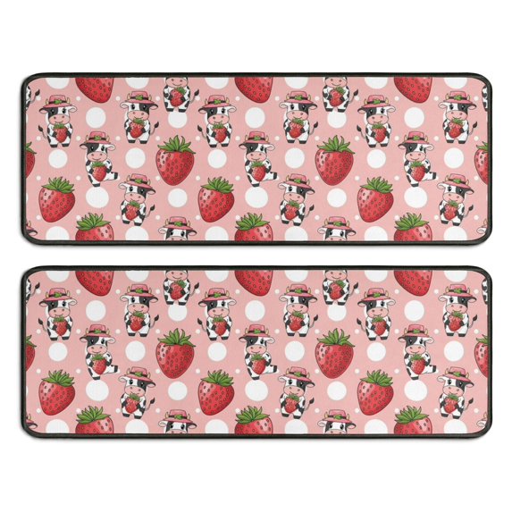 Kitchen Rugs Sets Of 2,Pink Cow Strawberry Hat Pattern Anti Fatigue Kitchen Mat Rugs Non Slip Washable,Decorative Kitchen Floor Mats for Kitchen,Sink,Laundry,17"x47"+17"x47"