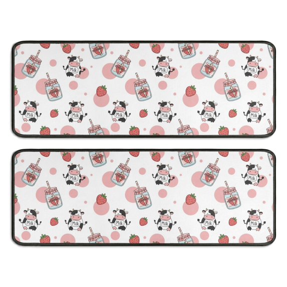 Kitchen Rugs Sets Of 2,Pink Cow Strawberry Jar Pattern Anti Fatigue Kitchen Mat Rugs Non Slip Washable,Decorative Kitchen Floor Mats for Kitchen,Sink,Laundry,17"x47"+17"x47"