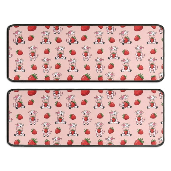 Kitchen Rugs Sets Of 2,Pink Cow Strawberry Pattern Anti Fatigue Kitchen Mat Rugs Non Slip Washable,Decorative Kitchen Floor Mats for Kitchen,Sink,Laundry,17"x47"+17"x47"