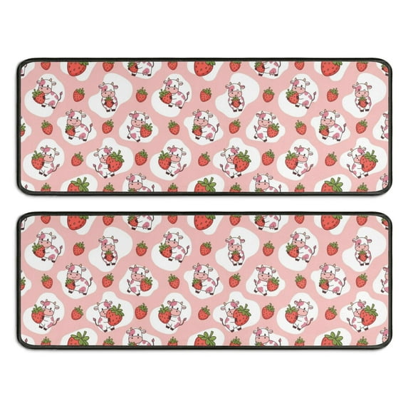 Kitchen Rugs Sets Of 2,Pink Cow Strawberry Pattern Anti Fatigue Kitchen Mat Rugs Non Slip Washable,Decorative Kitchen Floor Mats for Kitchen,Sink,Laundry,17"x47"+17"x47"
