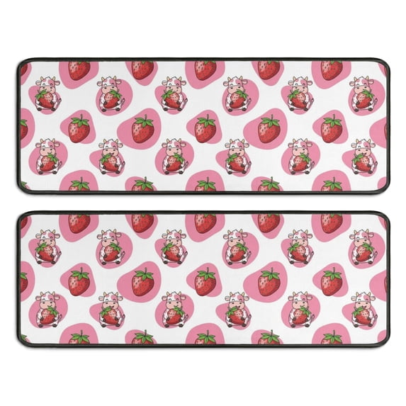 Kitchen Rugs Sets Of 2,Pink Cow Strawberry Pattern Anti Fatigue Kitchen Mat Rugs Non Slip Washable,Decorative Kitchen Floor Mats for Kitchen,Sink,Laundry,17"x47"+17"x47"