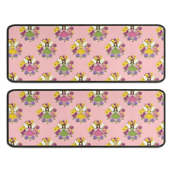 Kitchen Rugs Sets Of 2,Pink Flower Fairy Pattern Anti Fatigue Kitchen Mat Rugs Non Slip Washable,Decorative Kitchen Floor Mats for Kitchen,Sink,Laundry,17"x47"+17"x47"