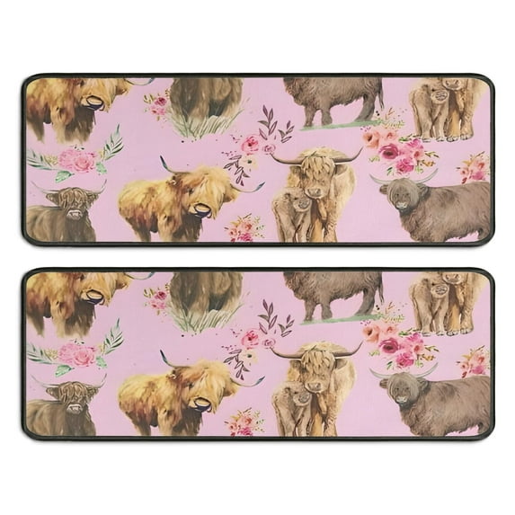 Kitchen Rugs Sets Of 2,Pink Highland Cow Flower Pattern Anti Fatigue Kitchen Mat Rugs Non Slip Washable,Decorative Kitchen Floor Mats for Kitchen,Sink,Laundry,17"x47"+17"x47"