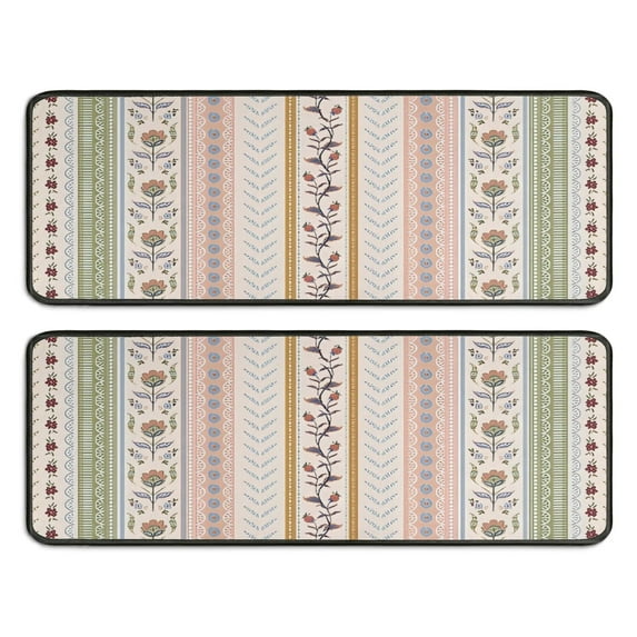 Kitchen Rugs Sets Of 2,Pink Striped Floral Boho Pattern Anti Fatigue Kitchen Mat Rugs Non Slip Washable,Decorative Kitchen Floor Mats for Kitchen,Sink,Laundry,17"x47"+17"x47"