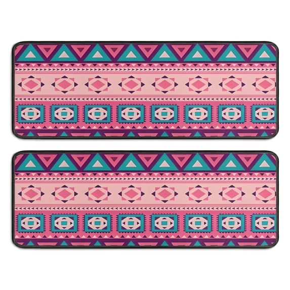 Kitchen Rugs Sets Of 2,Pink and Teal Geometric Boho Pattern Anti Fatigue Kitchen Mat Rugs Non Slip Washable,Decorative Kitchen Floor Mats for Kitchen,Sink,Laundry,17"x47"+17"x47"