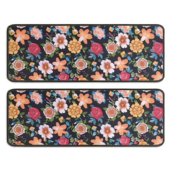 Kitchen Rugs Sets Of 2,Pioneer Flower Floral Print Pattern Anti Fatigue Kitchen Mat Rugs Non Slip Washable,Decorative Kitchen Floor Mats for Kitchen,Sink,Laundry,17"x47"+17"x47"