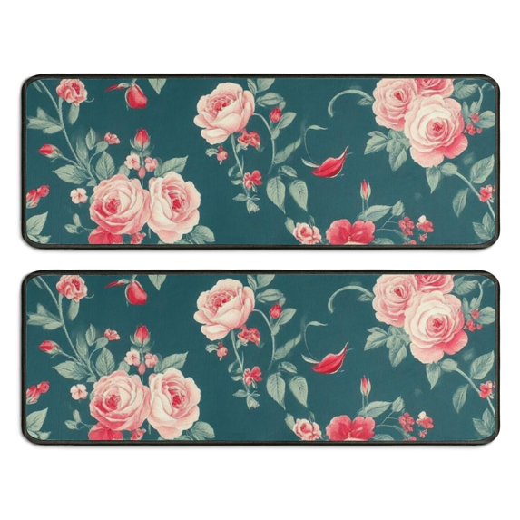 Kitchen Rugs Sets Of 2,Pioneer Flower Floral Print Pattern Anti Fatigue Kitchen Mat Rugs Non Slip Washable,Decorative Kitchen Floor Mats for Kitchen,Sink,Laundry,17"x47"+17"x47"