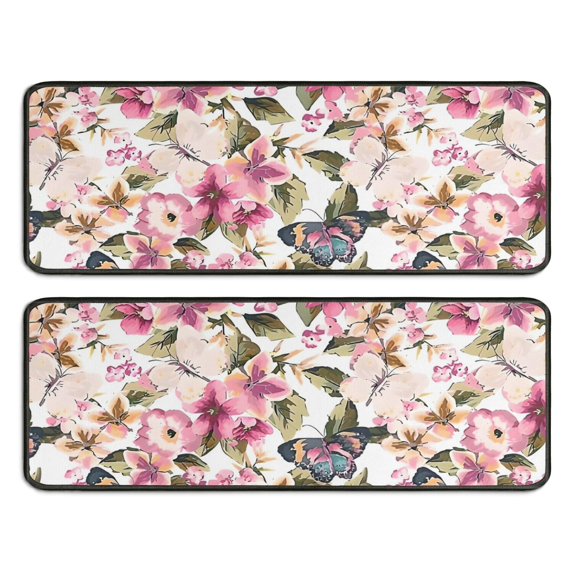 Kitchen Rugs Sets Of 2,Pioneer Flower Floral Print Pattern Anti Fatigue Kitchen Mat Rugs Non Slip Washable,Decorative Kitchen Floor Mats for Kitchen,Sink,Laundry,17"x47"+17"x47"