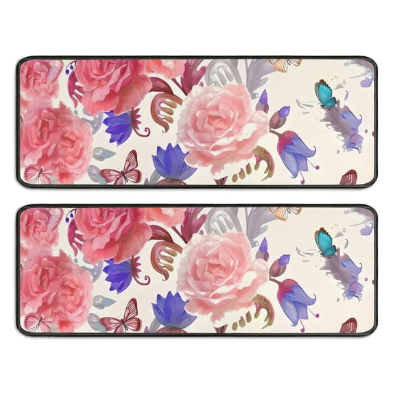 Kitchen Rugs Sets Of 2,Pioneer Flower Floral Print Pattern Anti Fatigue Kitchen Mat Rugs Non Slip Washable,Decorative Kitchen Floor Mats for Kitchen,Sink,Laundry,17"x47"+17"x47"