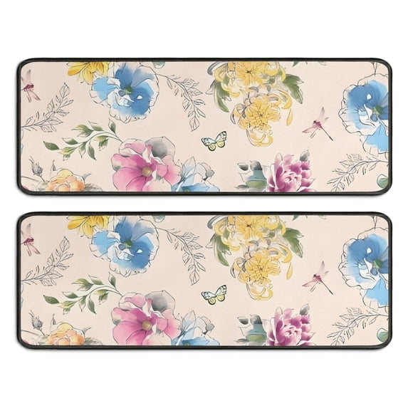 Kitchen Rugs Sets Of 2,Pioneer Flower Floral Print Pattern Anti Fatigue Kitchen Mat Rugs Non Slip Washable,Decorative Kitchen Floor Mats for Kitchen,Sink,Laundry,17"x47"+17"x47"