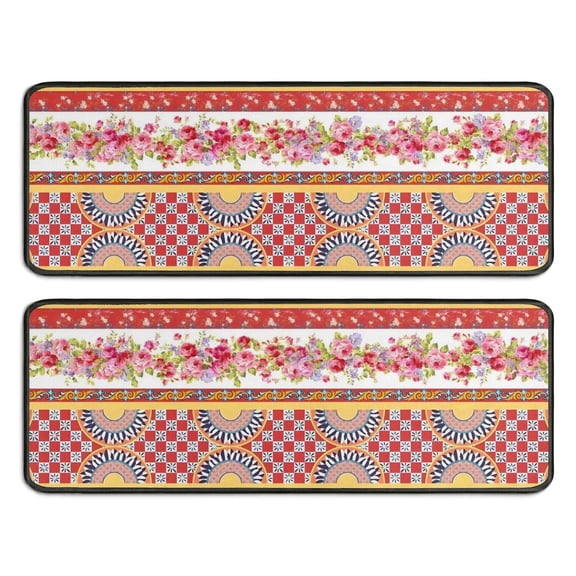 Kitchen Rugs Sets Of 2,Pioneer Flower Floral Print Pattern Anti Fatigue Kitchen Mat Rugs Non Slip Washable,Decorative Kitchen Floor Mats for Kitchen,Sink,Laundry,17"x47"+17"x47"