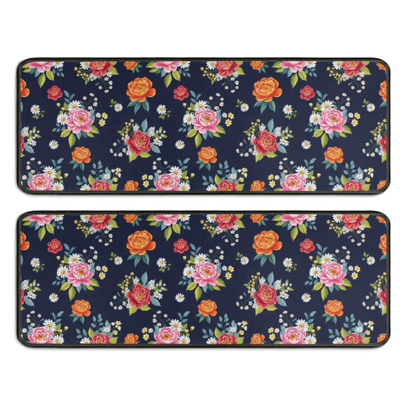 Kitchen Rugs Sets Of 2,Pioneer Flower Floral Print Pattern Anti Fatigue Kitchen Mat Rugs Non Slip Washable,Decorative Kitchen Floor Mats for Kitchen,Sink,Laundry,17X47 Inch