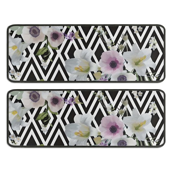 Kitchen Rugs Sets Of 2,Pioneer Flower Floral Print Pattern Anti Fatigue Kitchen Mat Rugs Non Slip Washable,Decorative Kitchen Floor Mats for Kitchen,Sink,Laundry,17"x47"+17"x47"