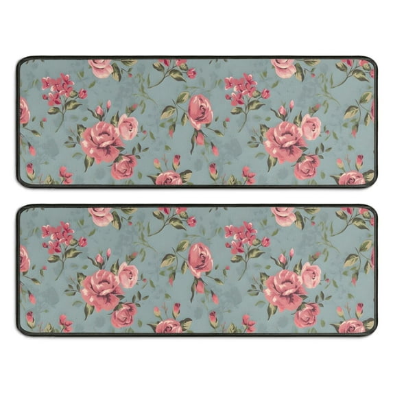 Kitchen Rugs Sets Of 2,Pioneer Flower Floral Print Pattern Anti Fatigue Kitchen Mat Rugs Non Slip Washable,Decorative Kitchen Floor Mats for Kitchen,Sink,Laundry,17"x47"+17"x47"