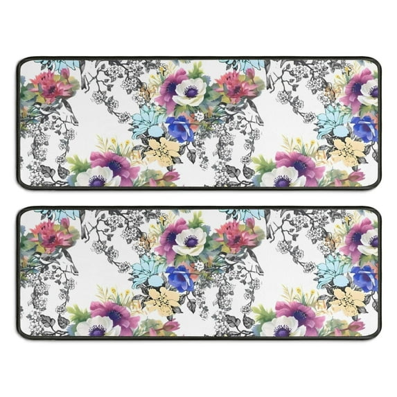 Kitchen Rugs Sets Of 2,Pioneer Flower Floral Print Pattern Anti Fatigue Kitchen Mat Rugs Non Slip Washable,Decorative Kitchen Floor Mats for Kitchen,Sink,Laundry,17"x47"+17"x47"