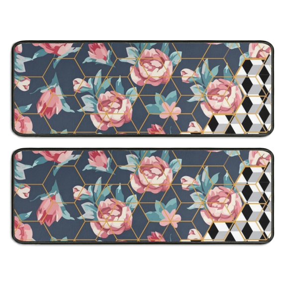Kitchen Rugs Sets Of 2,Pioneer Flower Floral Print Pattern Anti Fatigue Kitchen Mat Rugs Non Slip Washable,Decorative Kitchen Floor Mats for Kitchen,Sink,Laundry,17"x47"+17"x47"