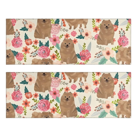 Kitchen Rugs Sets Of 2,Pomeranian Dogs and Pioneer Flower Anti Fatigue Kitchen Mat Rugs Non Slip Washable,Decorative Kitchen Floor Mats for Kitchen,Sink,Laundry,17"X47"