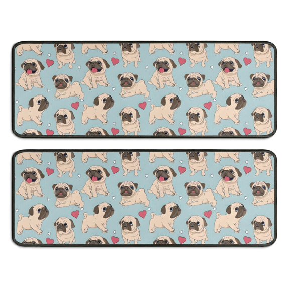 Kitchen Rugs Sets Of 2,Pug and Love Heart Anti Fatigue Kitchen Mat Rugs Non Slip Washable,Decorative Kitchen Floor Mats for Kitchen,Sink,Laundry,17"x47"+17"x47"