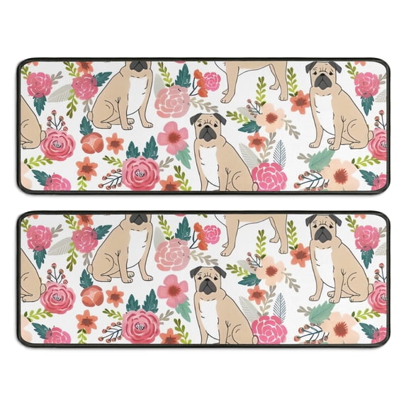 Kitchen Rugs Sets Of 2,Pugs and Pioneer Flower Anti Fatigue Kitchen Mat Rugs Non Slip Washable,Decorative Kitchen Floor Mats for Kitchen,Sink,Laundry,17"x47"+17"x47"