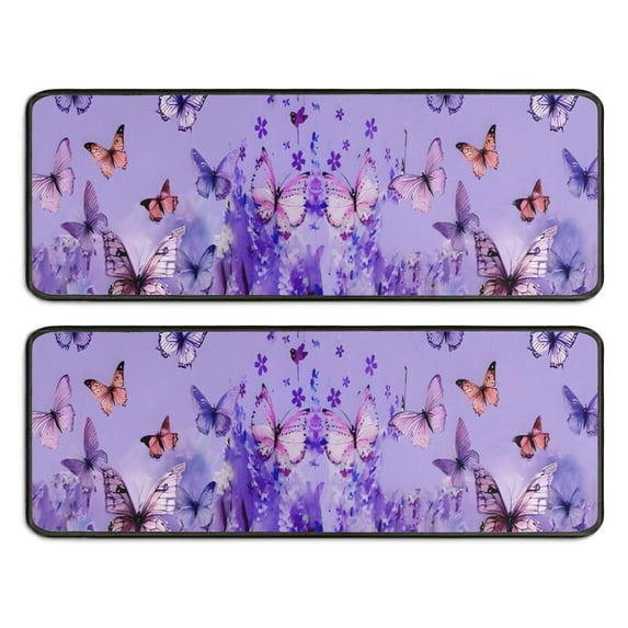 Kitchen Rugs Sets Of 2,Purple Butterfly Flower Pattern Anti Fatigue Kitchen Mat Rugs Non Slip Washable,Decorative Kitchen Floor Mats for Kitchen,Sink,Laundry,17"x47"+17"x47"